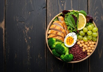 Healthy And Colorful Buddha Bowl On A Dark Wooden Table, Featuring Grilled Chicken Slices, Boiled Egg, Broccoli, Grapes, Chickpeas, And Red Rice, Healthy Eating, Balanced Diet