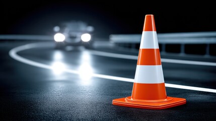 Orange and white traffic cone on dark asphalt, blurry car approaching in background at night.