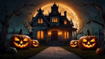 Spooky Halloween Night: A haunting scene of a classic Halloween night featuring jack-o'-lanterns, and an old haunted house under the moonlight.