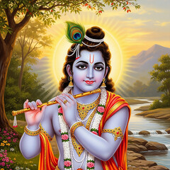 Lord Krishna Playing Flute in Nature with a River and Sun, a Divine Hindu Deity
