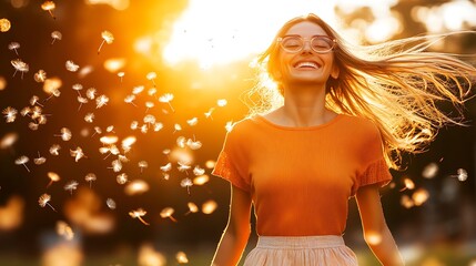 Joyful woman with dandelion seeds blowing in the sunset.