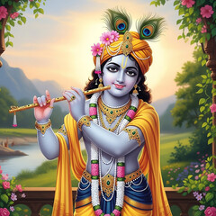 Lord Krishna Playing Flute by the River at Sunset, a Divine Hindu Deity