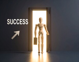 Surpassing Limits - A Wooden Figurine Walking Through the Door of Success