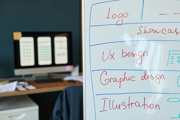 Whiteboard showing handwritten words logo, ux design, graphic design, illustration with blurred...