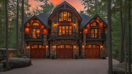 A large, log cabin-style home with stone exterior and wooden accents.
