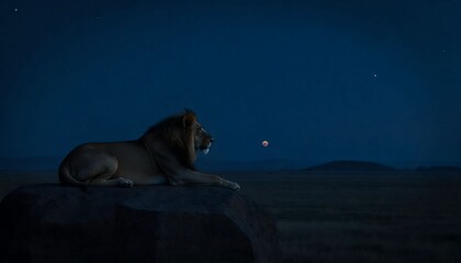 African lion resting on a rock during golden hour, savannah in background