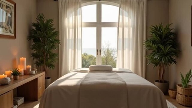 Elegant Spa Room with Massage Table, White Curtains, and Natural Light.
