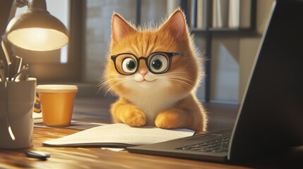 Adorable orange cat wearing glasses, working at a wooden desk with laptop, books, and coffee cup.