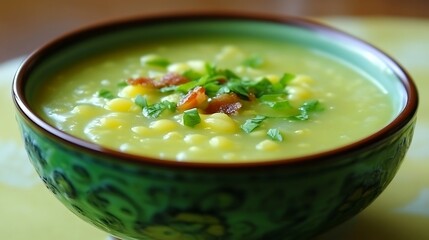 Creamy corn soup with bacon and herbs in a bowl.