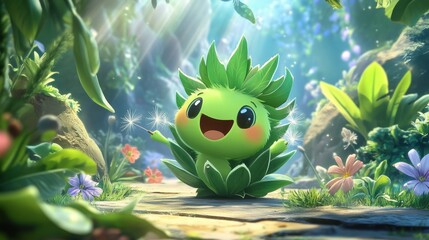 Fototapeta premium Adorable plant creature in lush forest setting.