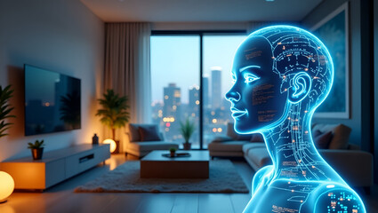 Smart Home AI Assistant Visually Represented as a Transparent Futuristic Device