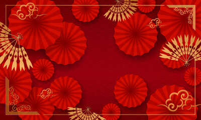 Exquisite textured design in red with gold fans