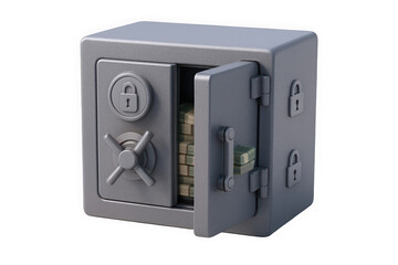 A closed safe with money bundles visible inside, symbolizing security and wealth management.