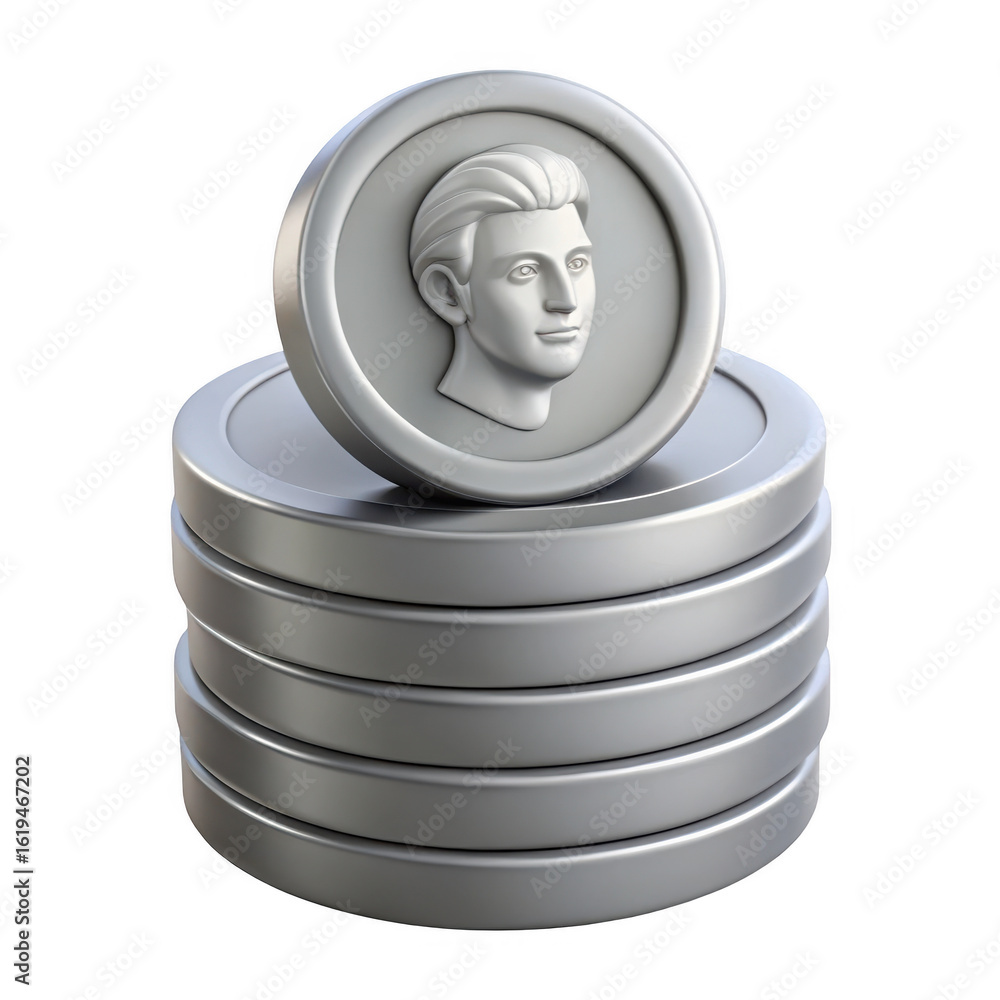 Poster stack of silver coins with a portrait isolated on transparent background