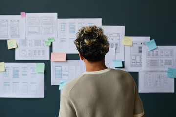 Young adult Caucasian man standing with back to camera, analyzing wireframe sketches and sticky...