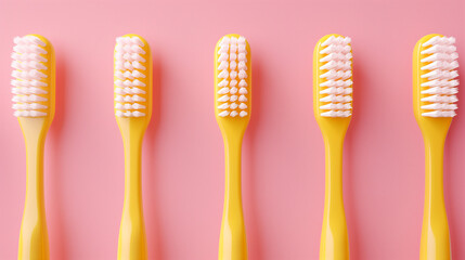 ibrant 3D render of yellow toothbrushes on a pink background. Ideal for dental care promotions, kids’ hygiene products, and oral health campaigns. Fun and modern look.