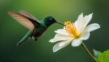 Fototapeta premium Hummingbird in mid-flight sipping nectar from a glowing flower