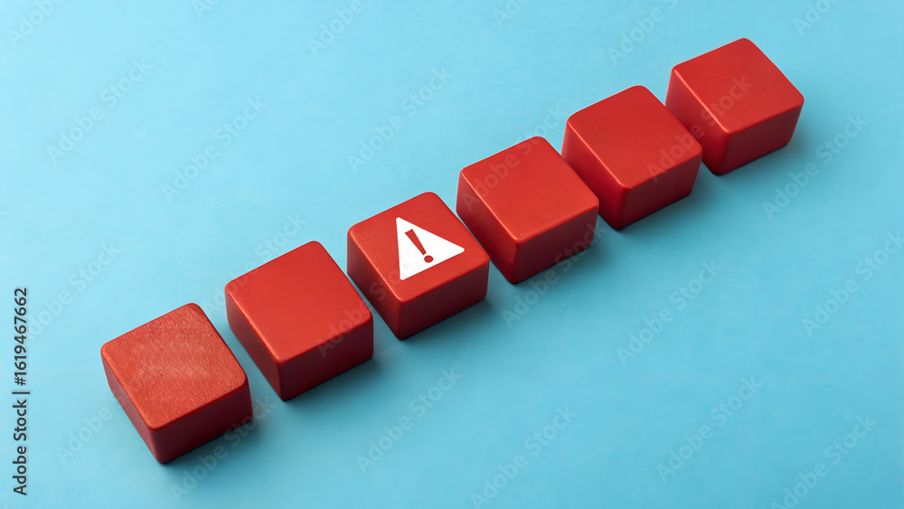 Poster alert cube – red block with warning symbol in linear row, attention highlight concept