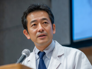 Male Doctor Presenting at a Medical Conference : A close-up portrait of a middle-aged Asian male doctor in a white lab coat and tie, speaking confidently into a microphone at a podium.