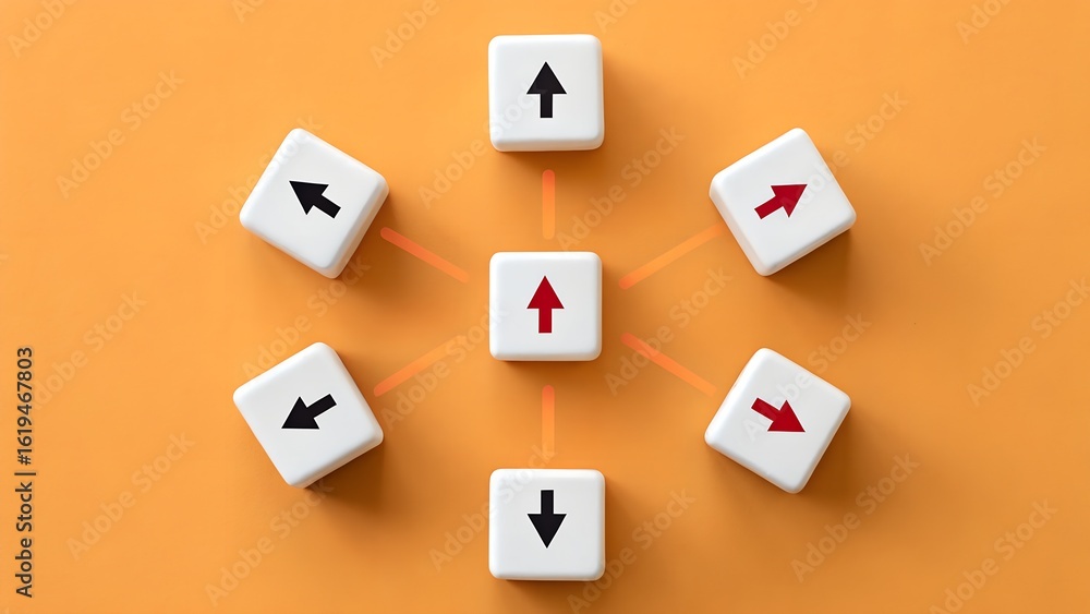 Poster control hub arrows – white cubes with directional icons in circular layout, abstract command center,