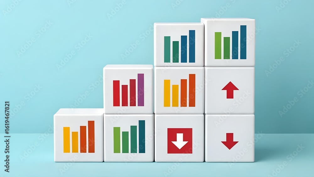 Poster performance blocks – tiered white cubes with bar graphs and arrows, abstract ranking and growth conc