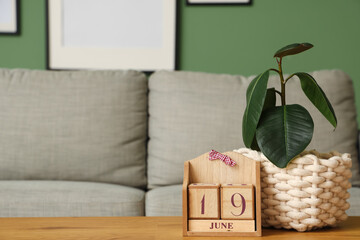 Cube calendar with date 19 JUNE and plant on table in living room, closeup