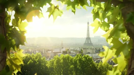 The iconic eiffel tower majestically rises above the sunny parisian skyline, beautifully framed by vibrant green leaves, capturing the essence of a charming day in paris.