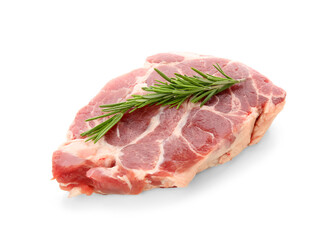 Fresh raw steak with rosemary on white background