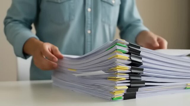 Person organizing a stack of documents on a table, with scattered papers and a neutral background