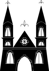 The image shows a stylized church or cathedral with Gothic features like spires, arches, and possible rose window elements.