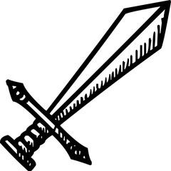 The image shows a line art drawing of a sword, a symbol of battle, warriors, and historical weaponry.