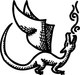 The image shows a black and white illustration of a Western-style dragon with wings and fire or smoke from its mouth.