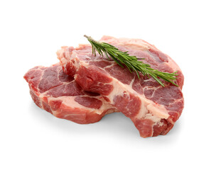 Fresh raw steaks with rosemary on white background