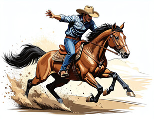 Dynamic illustration of a rodeo cowboy riding a powerful bucking horse in mid-action with dust flying in a western setting