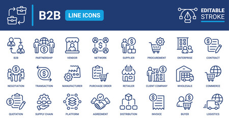 Naklejka na ściany i meble B2B icon set line editable stroke. Business to business, supplier, commerce, vendor, enterprise, partnership, manufacturer, purchase order, supply chain and more. Vector icons collection.