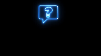 A bright neon blue question mark inside a glowing speech bubble evokes a sense of intrigue on black