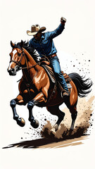 Rodeo cowboy wearing western hat and shirt riding a leaping horse with dust trail in energetic and detailed vector style