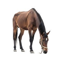 Brown horse with visible ribs standing on a black background isolated on transparent background