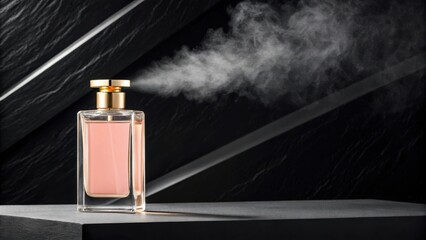 Elegant perfume bottle spraying mist against a dark dramatic background