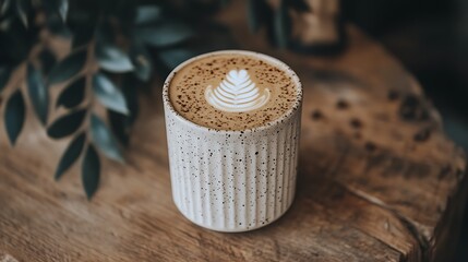 Latte art in a speckled ceramic mug on a wooden surface.