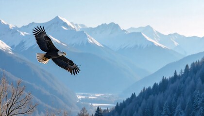 Majestic eagle soaring over snow-capped mountains during golden hour