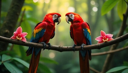 Obraz premium Colorful parrots sitting on tropical branches with lush green jungle background