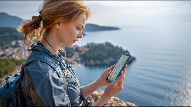 A traveler standing at a scenic viewpoint, holding a phone with a GPS map showing hiking trails