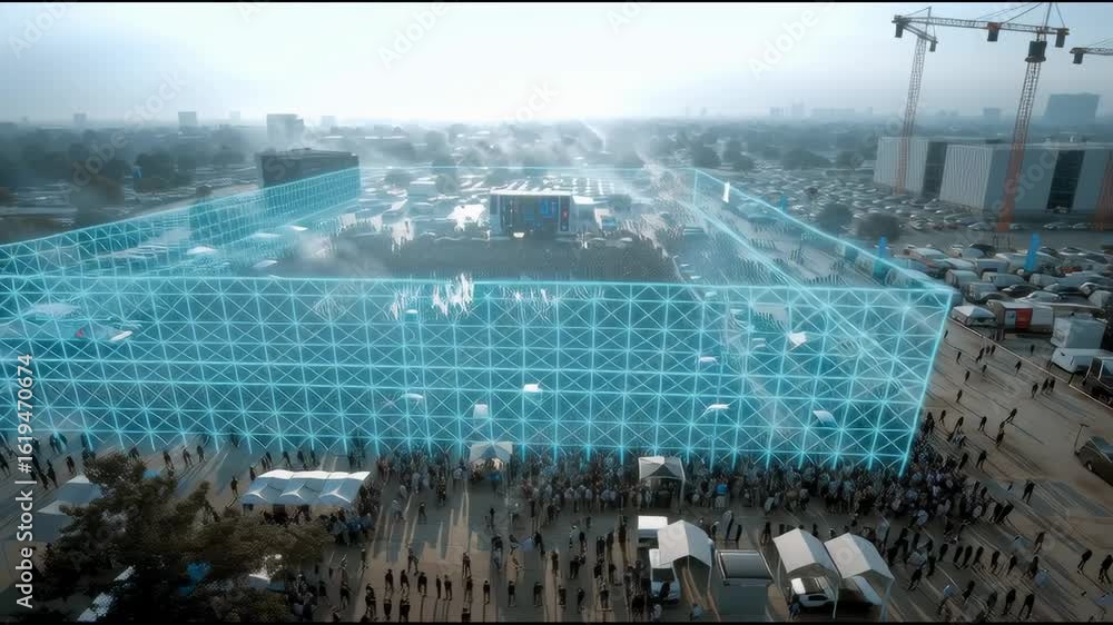 Poster aerial view of a large event with invisible anti-drone protection zone digitally visualized
