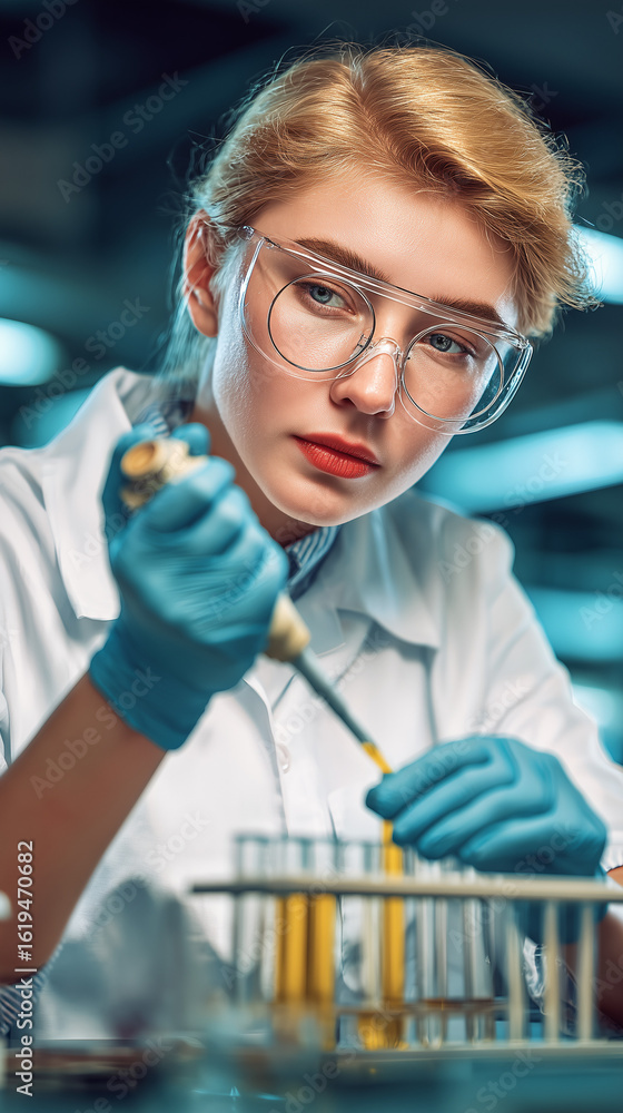 Poster scientist at work: a focused scientist meticulously performs a laboratory experiment with a pipette 