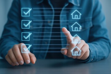 Person s finger interacting with a digital checklist of houses