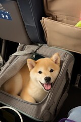 A happy Shiba Inu dog peeks from its soft pet carrier, traveling comfortably under an airplane seat. Perfect for pet-friendly travel content