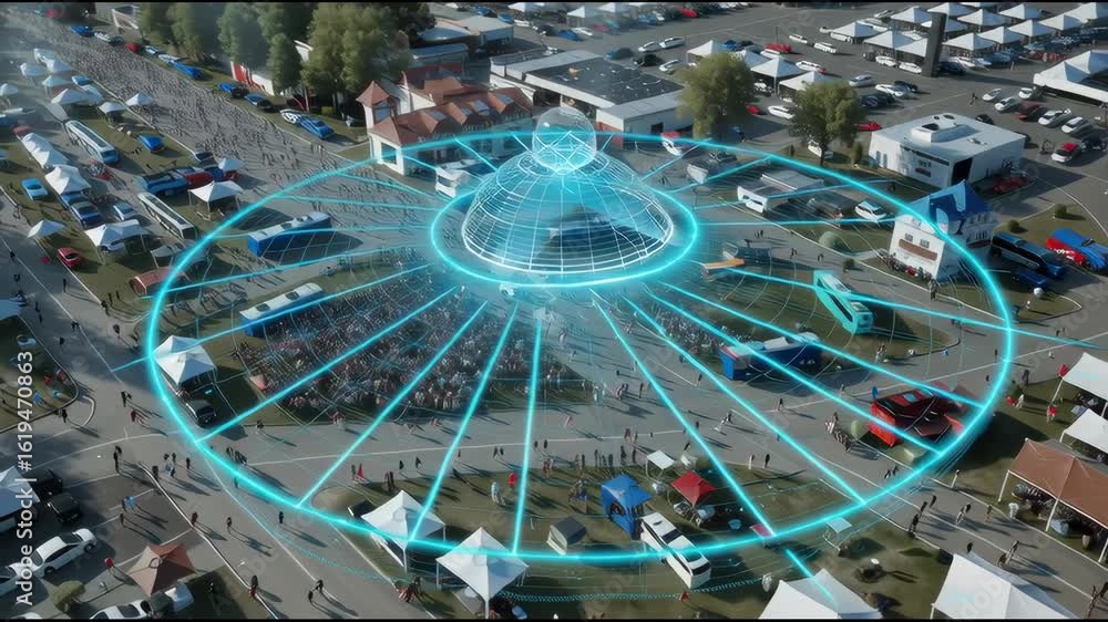 Poster aerial view of a large event with invisible anti-drone protection zone digitally visualized