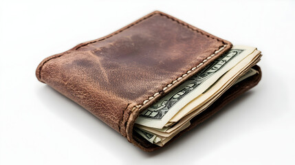 Brown leather wallet filled with united states dollar bills on a white background