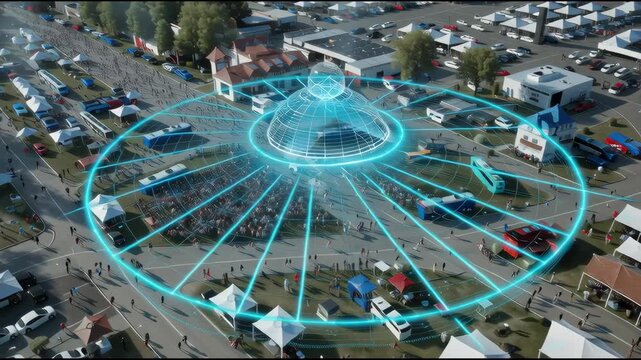 Aerial view of a large event with invisible anti-drone protection zone digitally visualized
